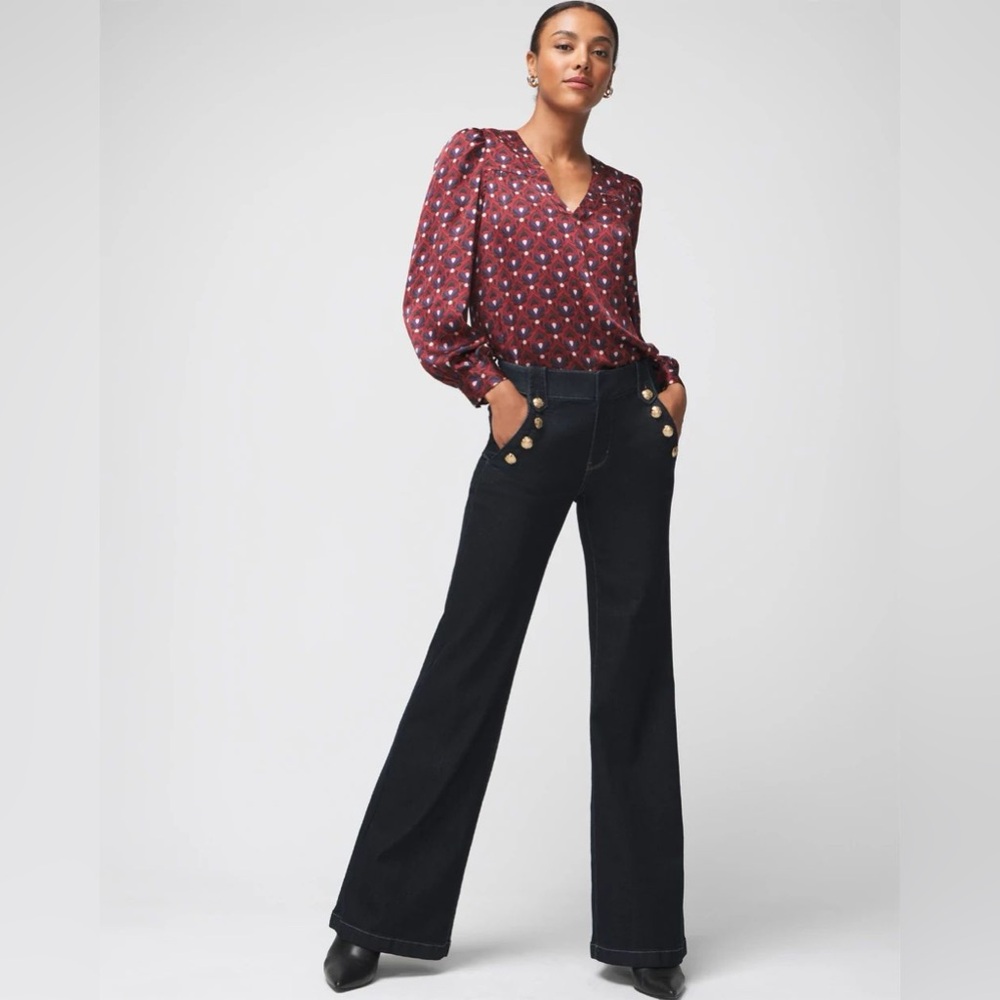 WHBM V-Neck Long Sleeve Printed Blouse - Burgundy Multi Small - Picture 2 of 15
